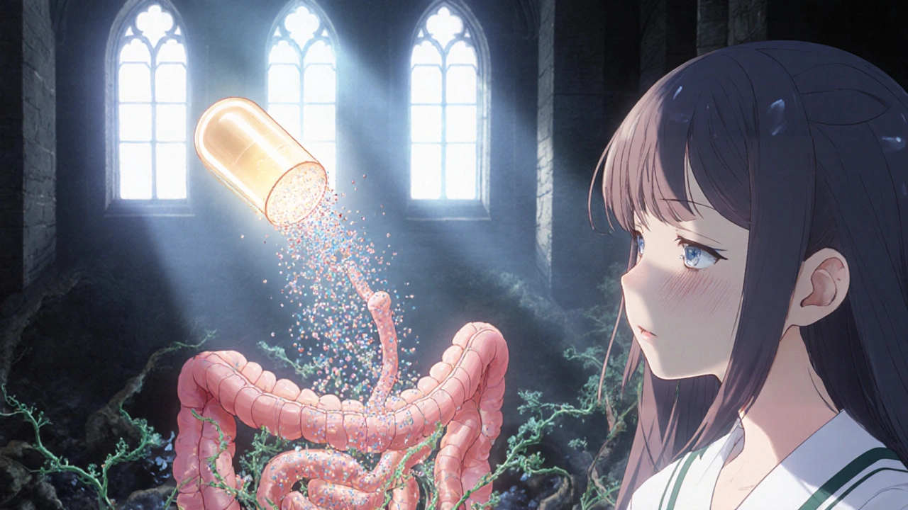 A glowing capsule dissolving into radiant spores that restore a healthy, forest-like gut ecosystem inside the colon.