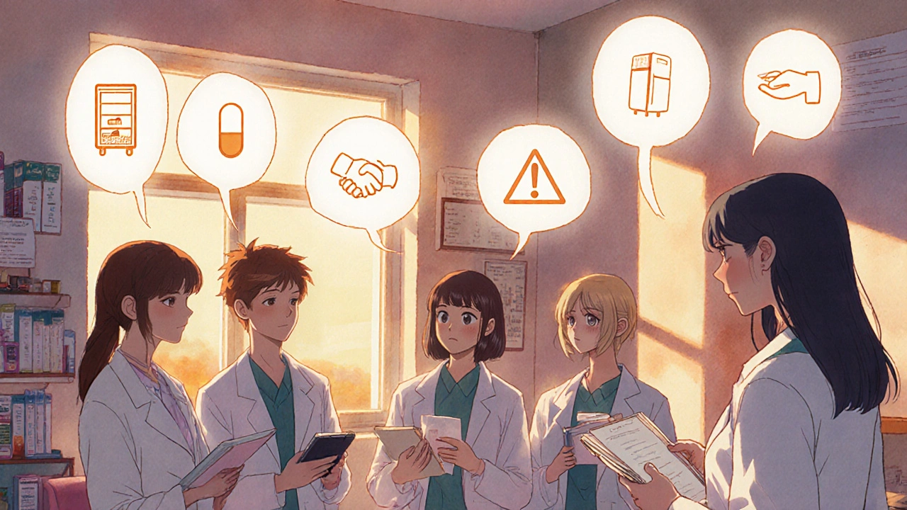 A group of patients repeat back instructions to a pharmacist in a warm, softly lit pharmacy consultation room.