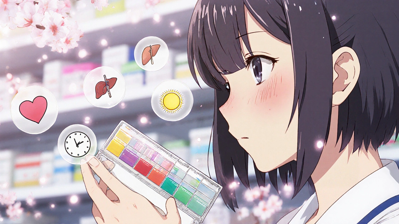 A hand opens a color-coded pill organizer with floating icons representing medication timing, storage, and side effects.