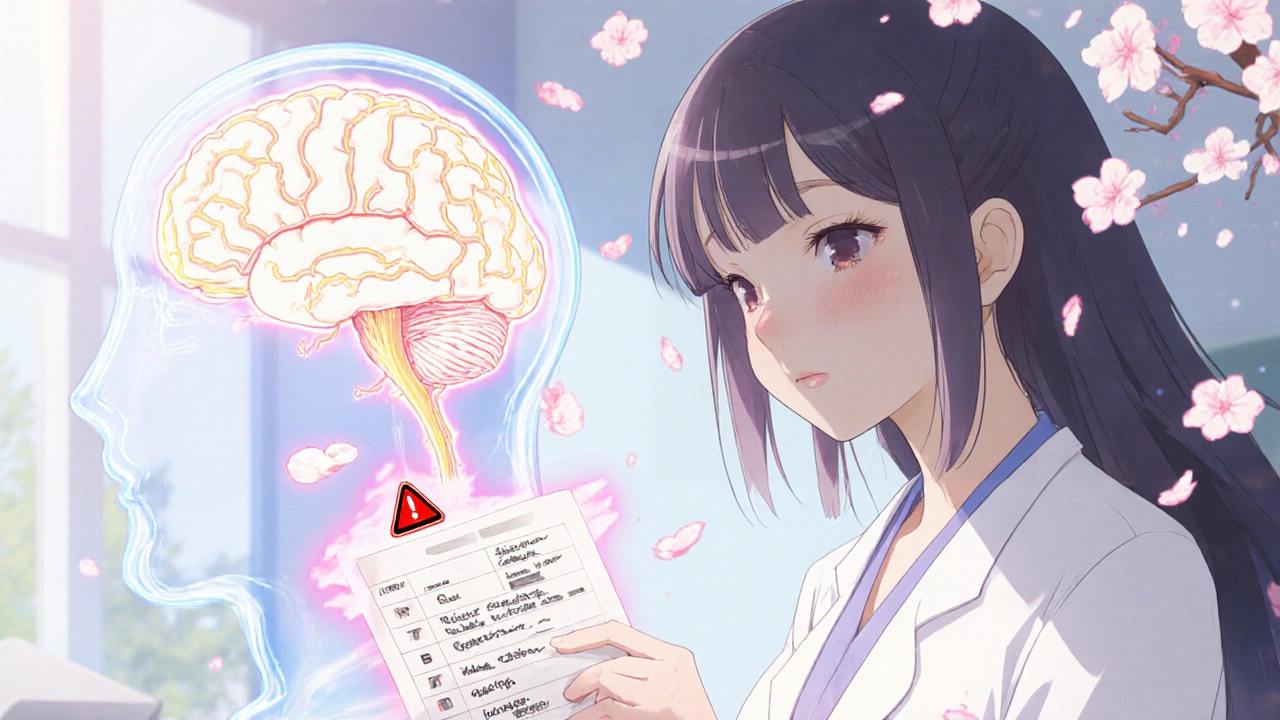 A patient and doctor reviewing medications, with a brain showing blocked neural pathways in glowing red.