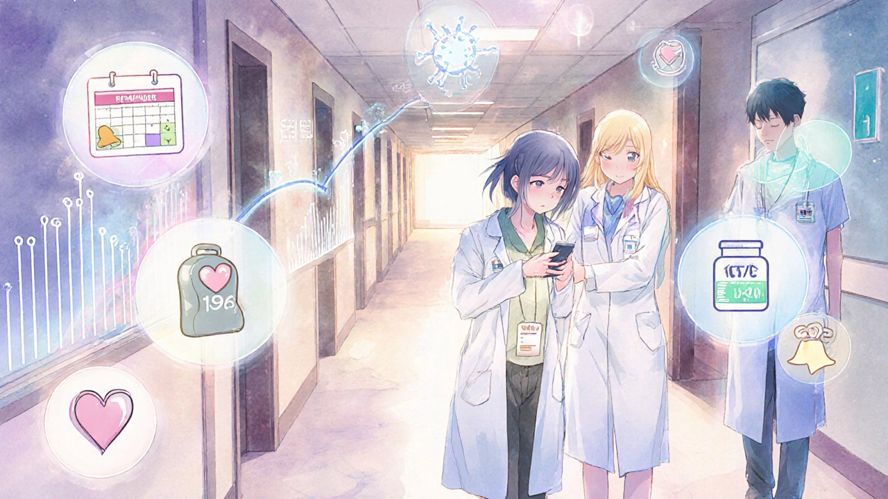 A patient walks through a hospital hallway guided by floating icons of medication, time, and health.