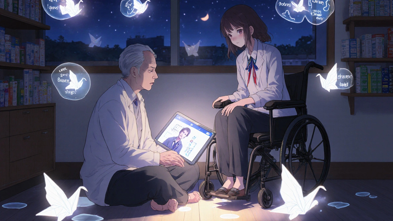 A pharmacist and senior sit together with a tablet showing a video interpreter, surrounded by floating translated phrases in a warm, peaceful setting.