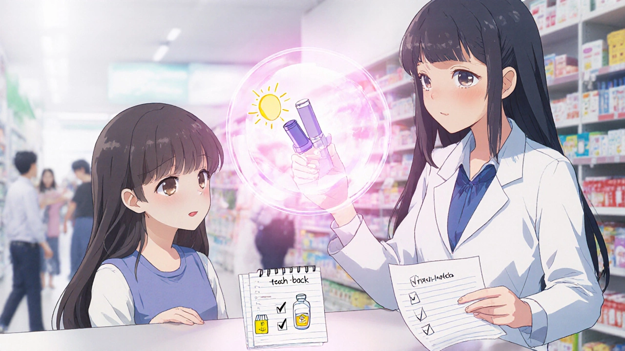 A pharmacist demonstrates an inhaler to a teen using a glowing animated guide, surrounded by symbols of understanding and care.