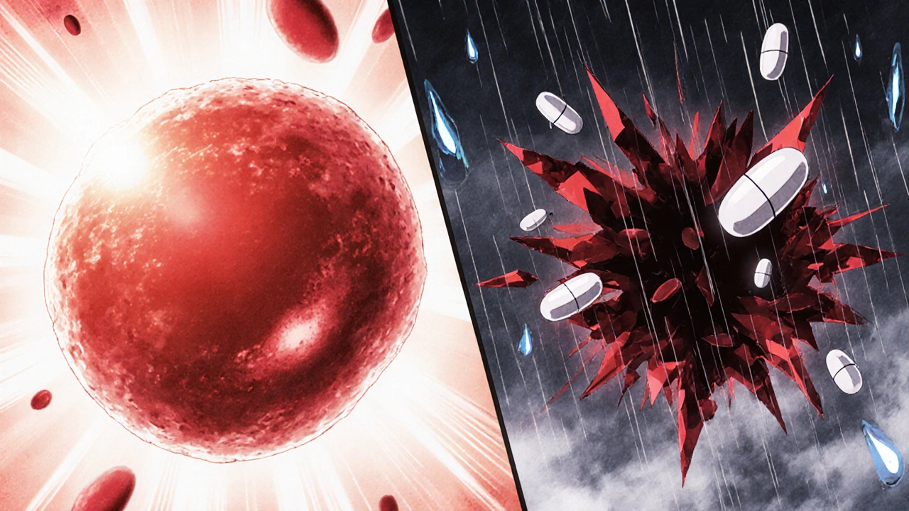 A split image of a healthy red blood cell versus a shattered one, with nitrofurantoin pills falling like rain.