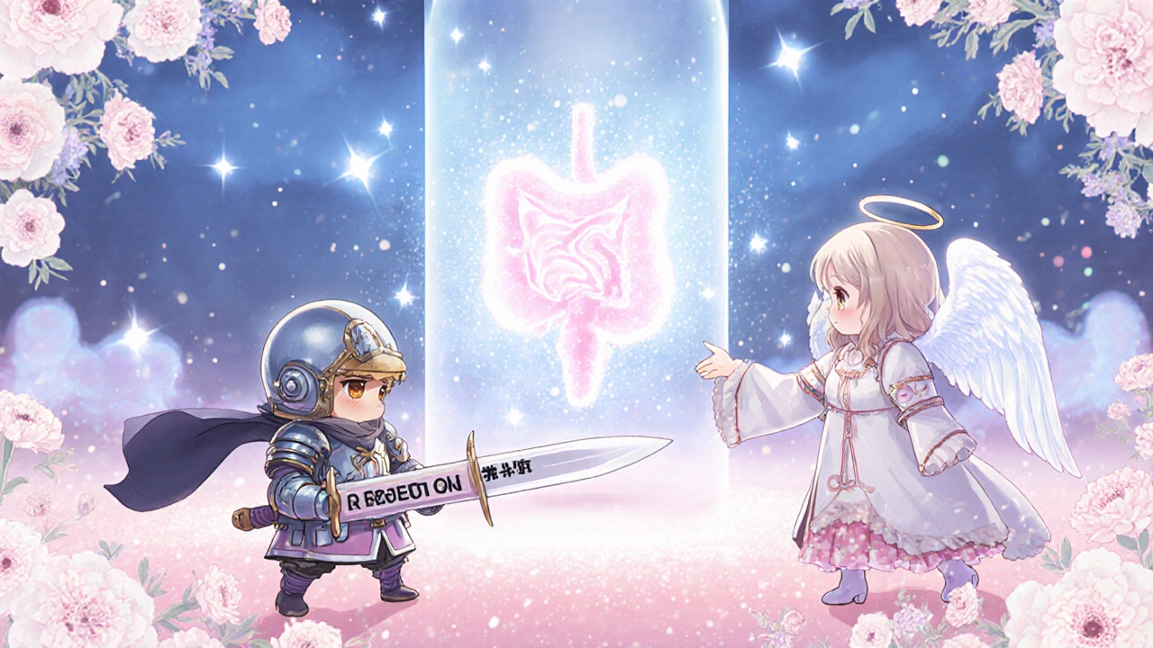 A symbolic battle inside the body shows immune warriors facing gentle drug guardians near a glowing organ.