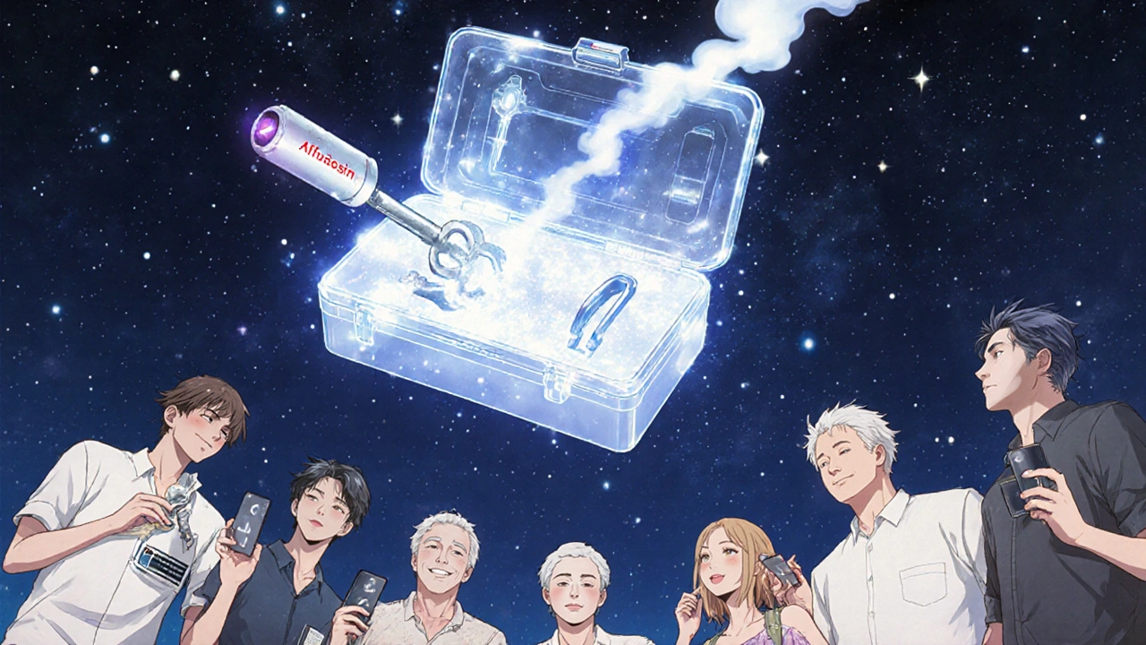 A symbolic toolbox has alfuzosin as a small key among glowing modern BPH tools in a starry sky.