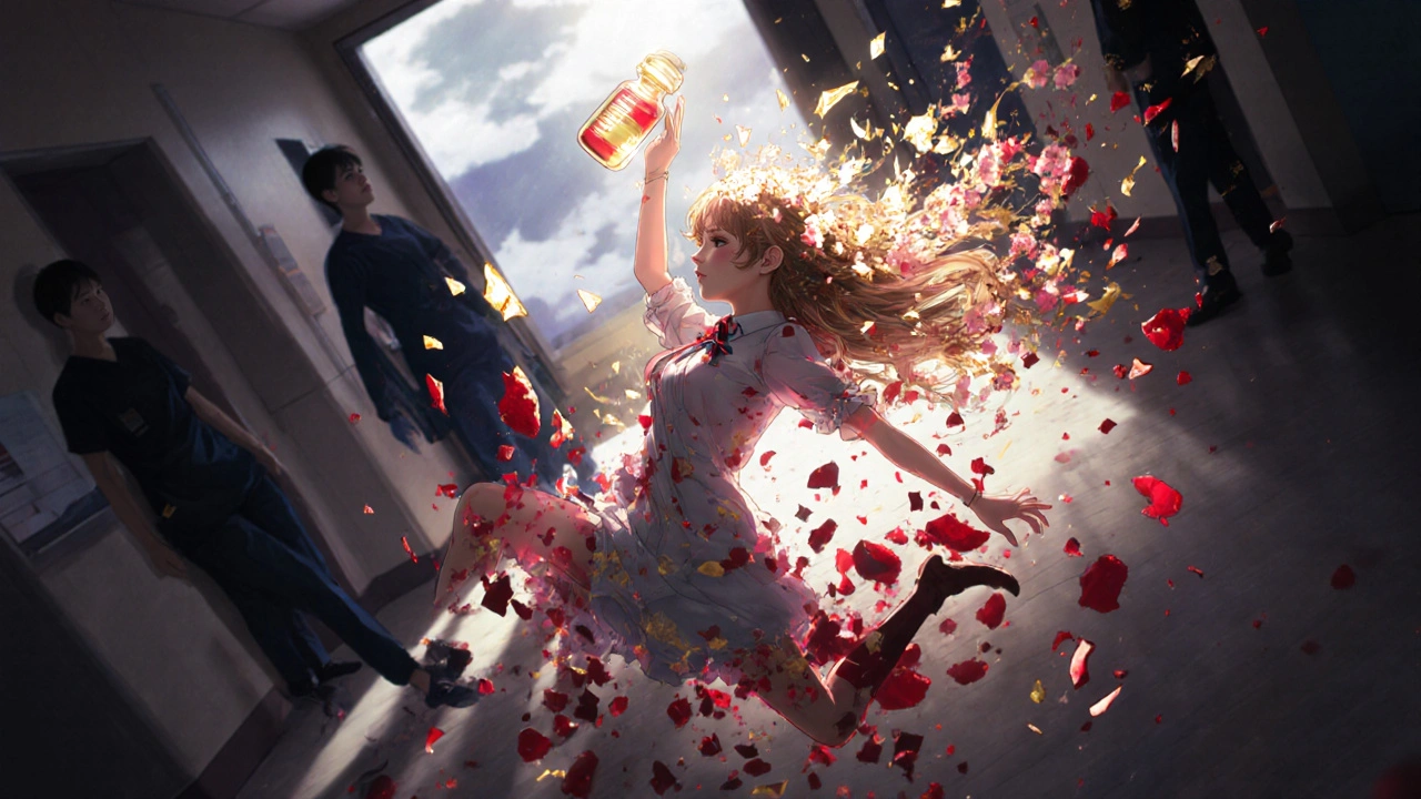 A woman falling in a hospital, red clots dissolving into light, a reversal agent vial glowing above her.