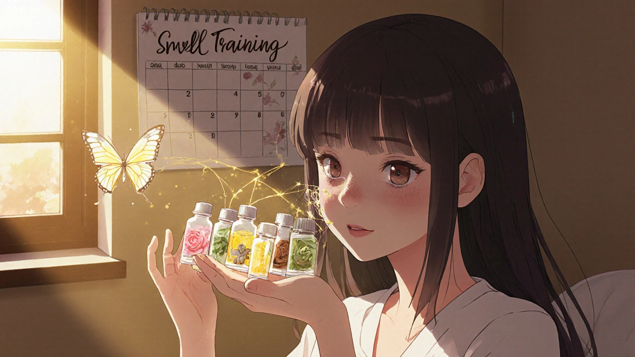 A woman practicing smell training with essential oils as glowing neural pathways shine around her.