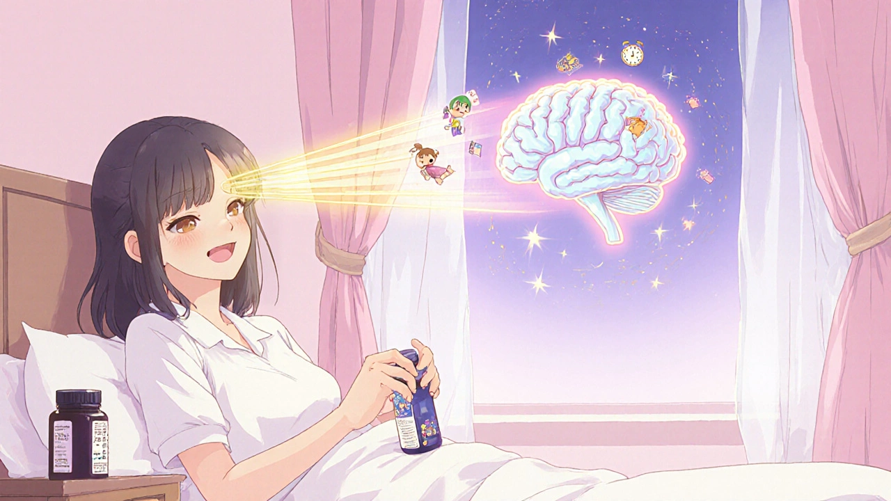 A woman replacing a sleep pill with melatonin, golden light reconnecting memories in her brain.