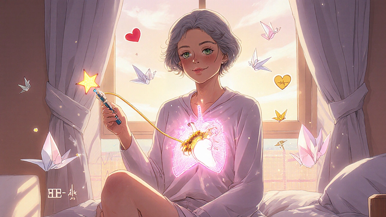 An elderly woman smiling as a catheter with a new valve glows through her leg, healing her heart with light and paper cranes.