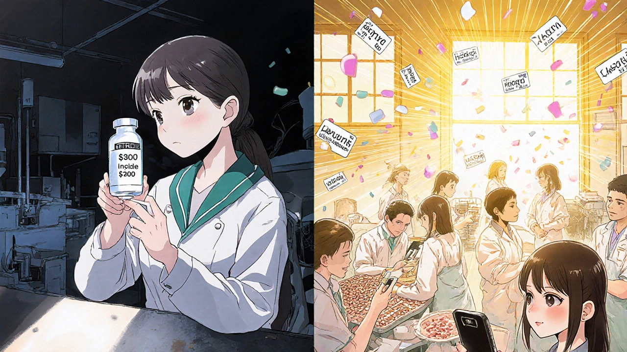 Contrast between high-priced insulin made by one company and affordable metformin made by many, shoujo manga style.