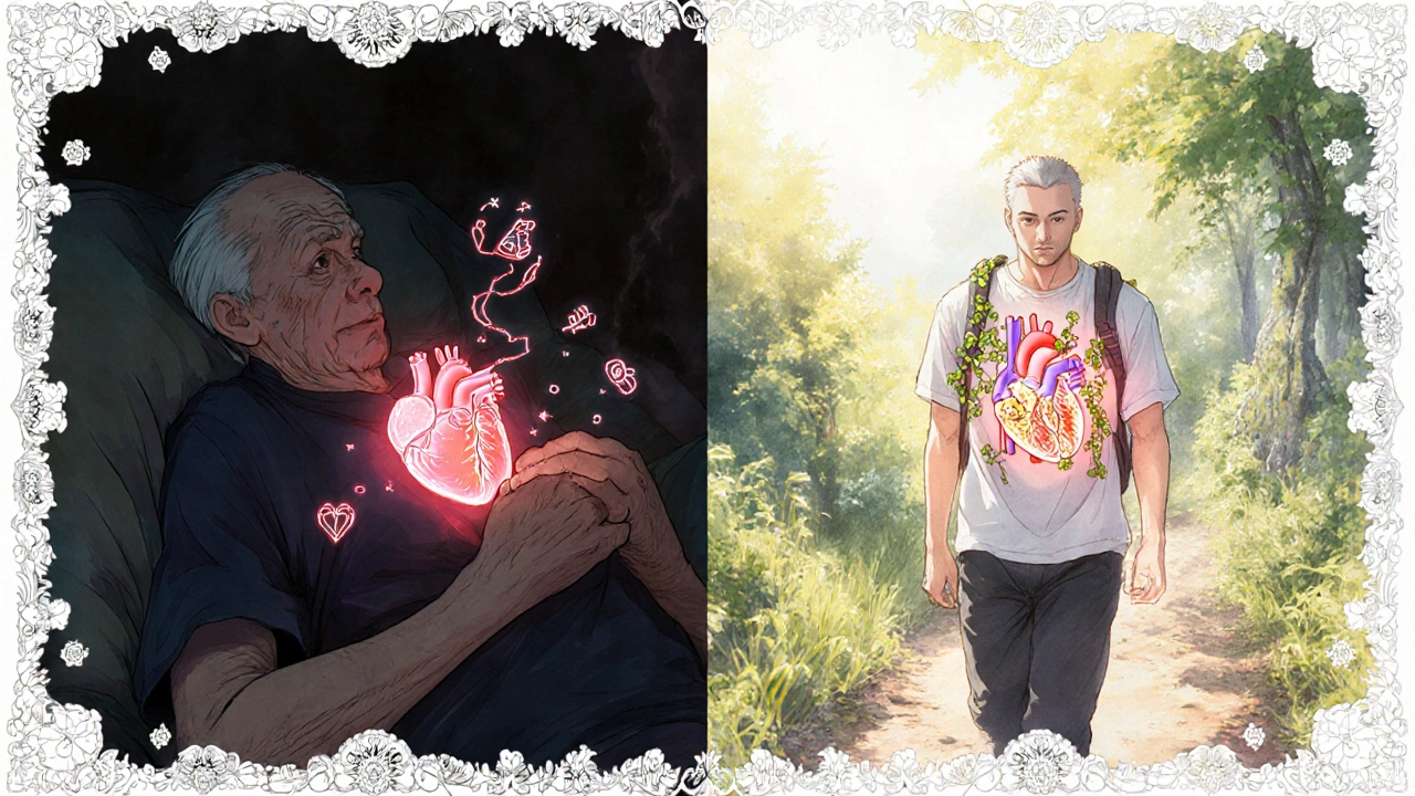 Contrasting scenes: a frail man surrounded by shadows vs. the same man hiking happily with a healthy, glowing heart.