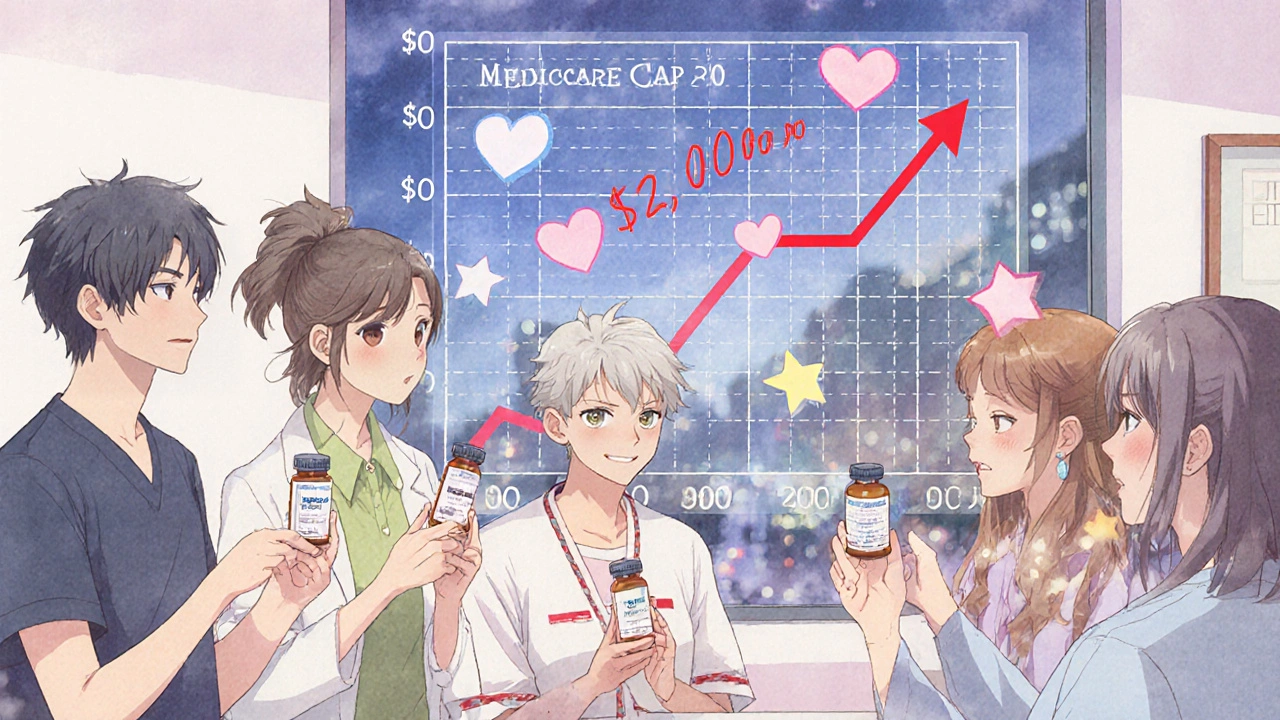 Diverse group smiling with generic prescriptions, transparent graph showing Medicare cap, hearts floating around.