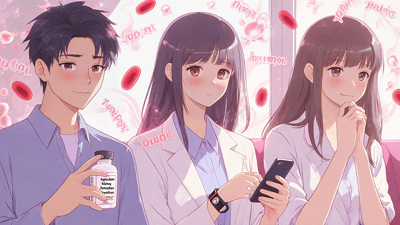 Diverse patients in a clinic, glowing blood cells and DOAC symbols floating around them in shoujo manga style.