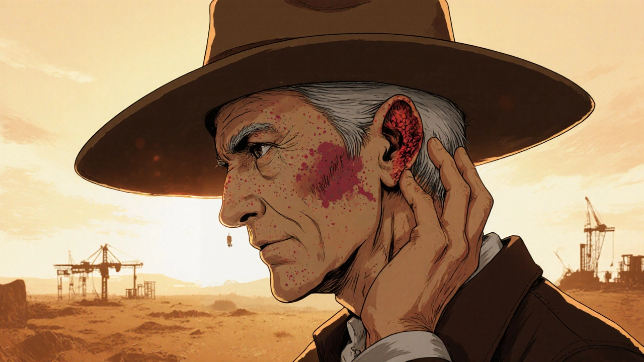 Middle-aged man touching a scaly lesion on his ear under golden sunlight.