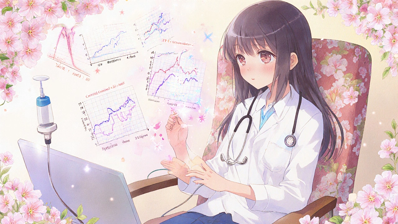 Patient receiving yearly IV bone treatment in a flower-filled clinic, glowing blossoms symbolizing healing.