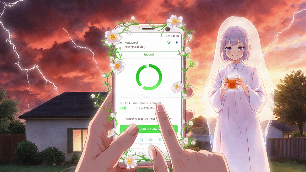 Smartphone showing IOB app with green progress bar, sunrise behind a calm house, diabetes educator as a spirit.