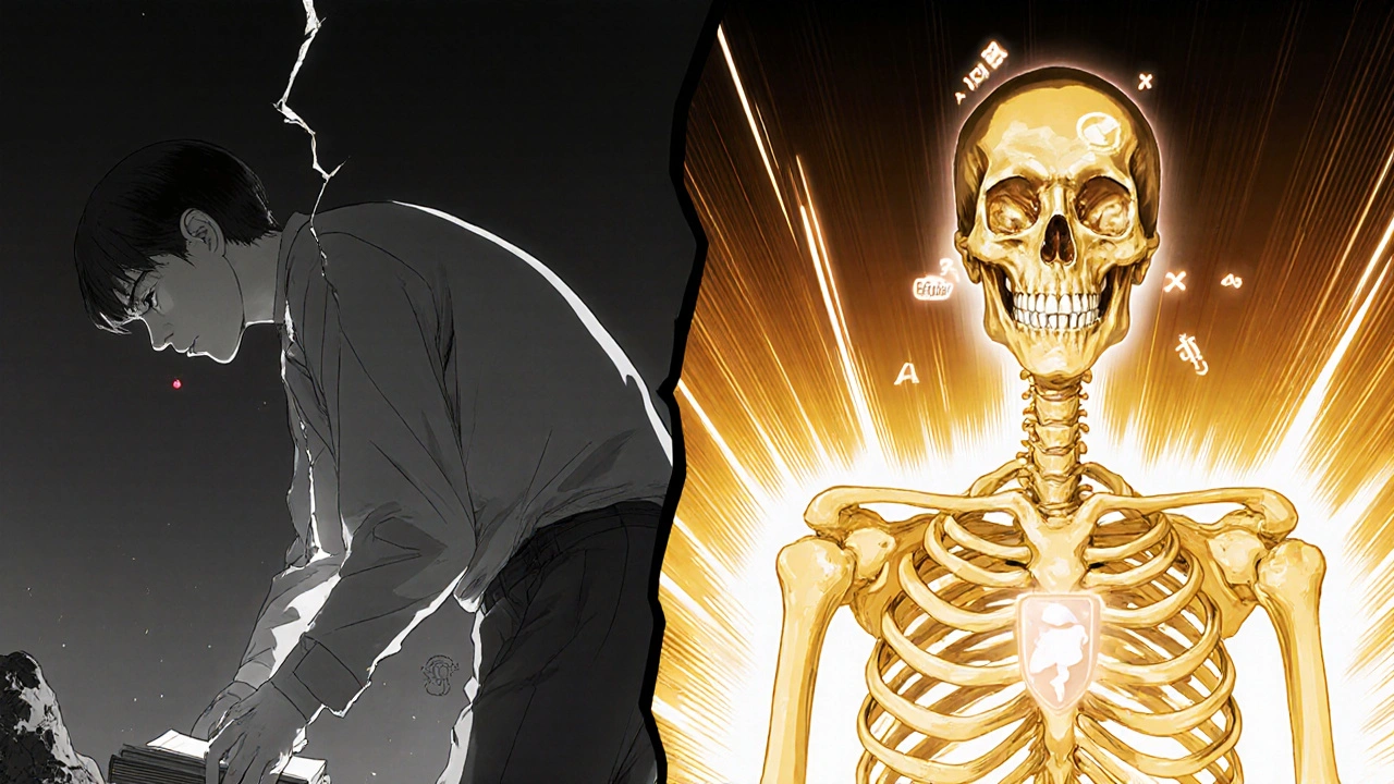 Split scene: fractured spine vs. protected skeleton with nutrient symbols, anime-style transformation from damage to strength.