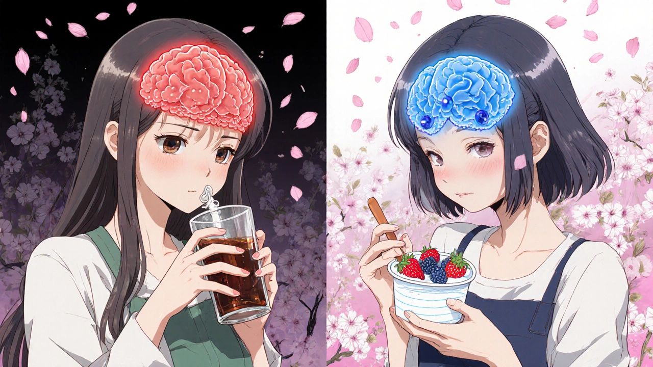 Split scene of a woman&#039;s brain reacting to diet soda vs. protein-rich yogurt, with blossoms symbolizing change.