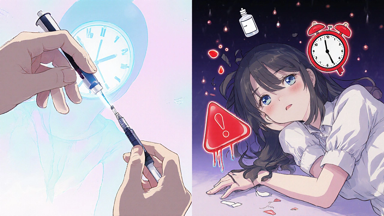 Split scene: person giving insulin at night versus collapsing from low blood sugar, glowing medical icons around them.