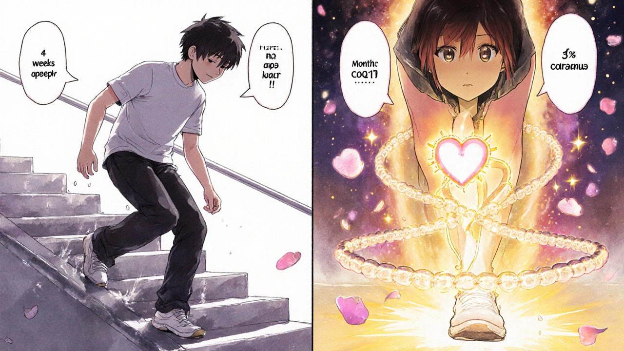 Split scene: person struggling to climb stairs vs. walking easily a month later, golden light and CoQ10 molecules connecting muscles to heart.