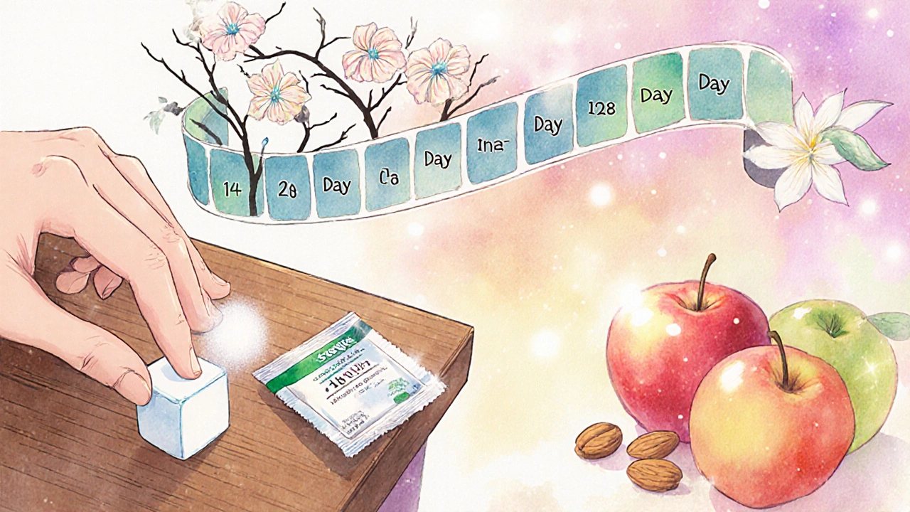 Sugar cube and stevia packet on a table with a timeline showing cravings fading into flowers and fruit.
