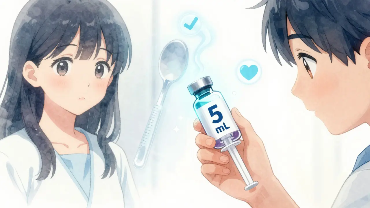 A child using a syringe to measure liquid medicine accurately, with a clear mL label visible.