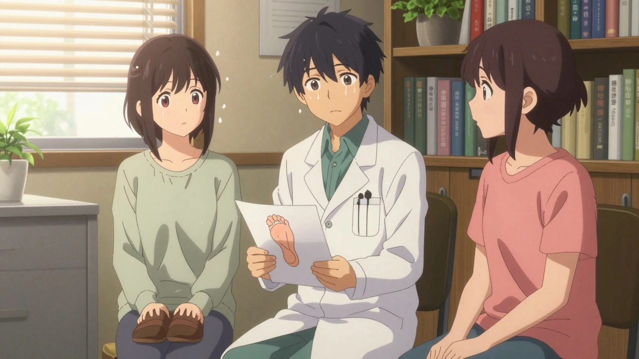 A doctor and patient discuss foot health in a warm clinic, with a diagram and shoes on the table.