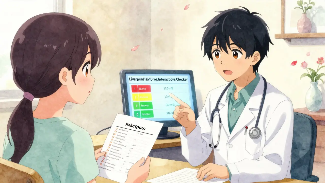 A doctor and patient reviewing a digital drug interaction checker in a soft-lit clinic.