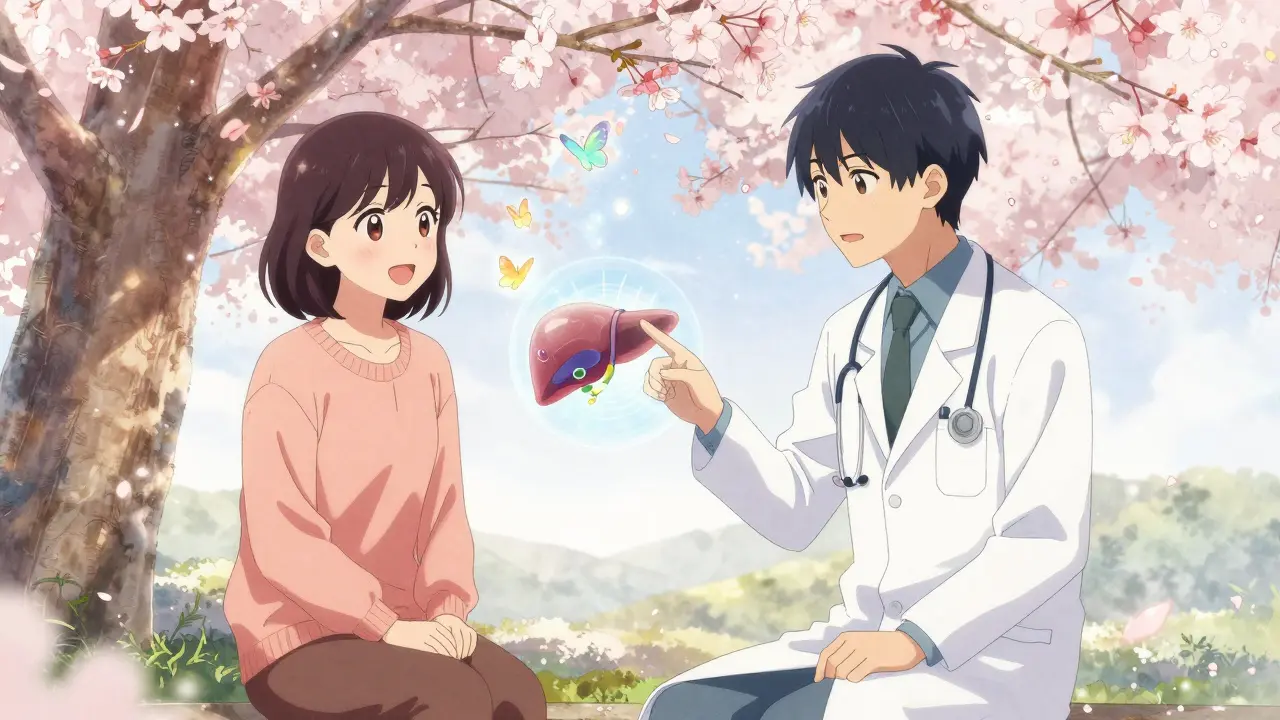 A doctor and patient sit under cherry blossoms, watching elevated enzyme numbers turn into butterflies as the liver glows safely.