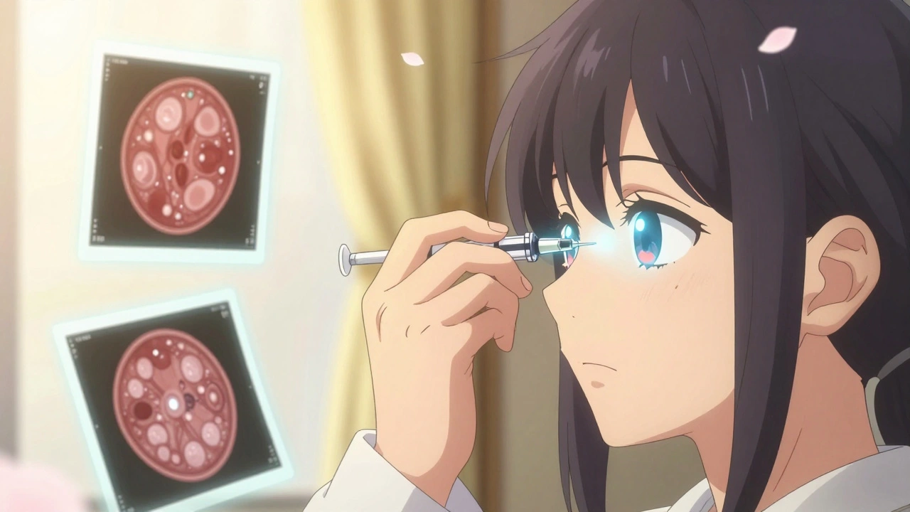 A doctor gently injecting a patient&#039;s eye, with glowing OCT scans floating like lanterns in a serene clinic.