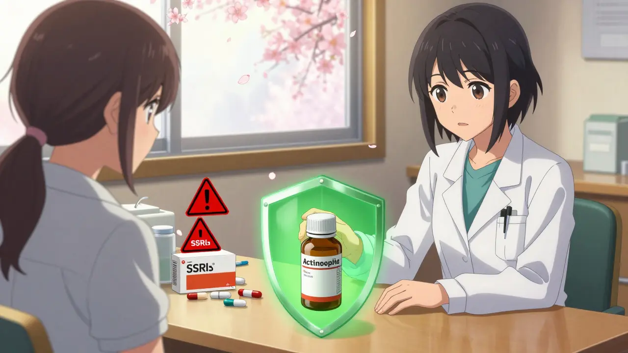 A doctor offers acetaminophen to a patient, with glowing green safety shield beside red warning symbols for dangerous drug combo.