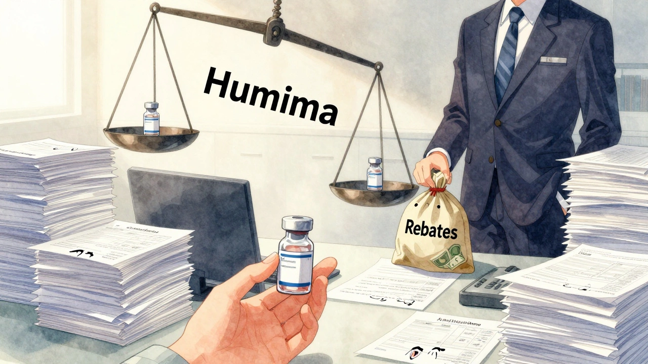 A doctor overwhelmed by forms while a PBM executive blocks a patient from reaching a biosimilar vial.