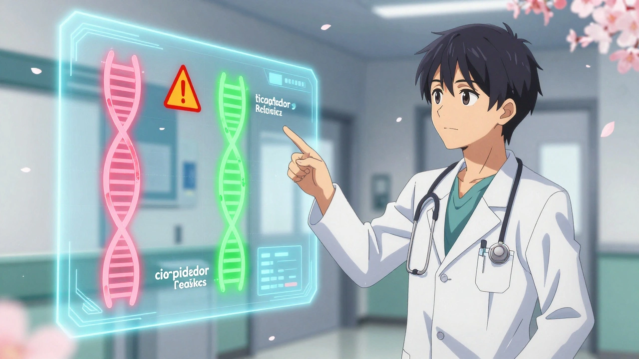 A doctor shows a glowing gene pathway display, warning about clopidogrel and suggesting an alternative medication.