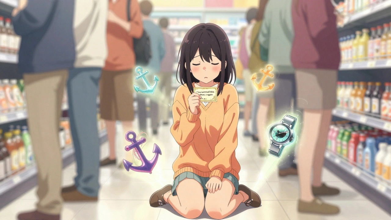 A girl grounding herself in a grocery store, clutching a calming card as sensory details glow around her.