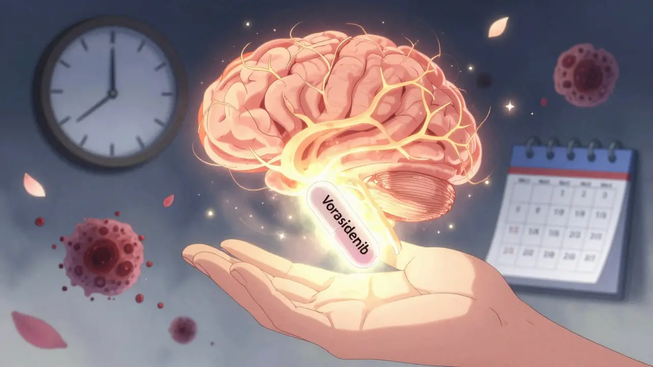 A glowing pill hovers above a hand, its light healing brain tissue as tumor cells dissolve into petals, with a slow-ticking clock in the background.
