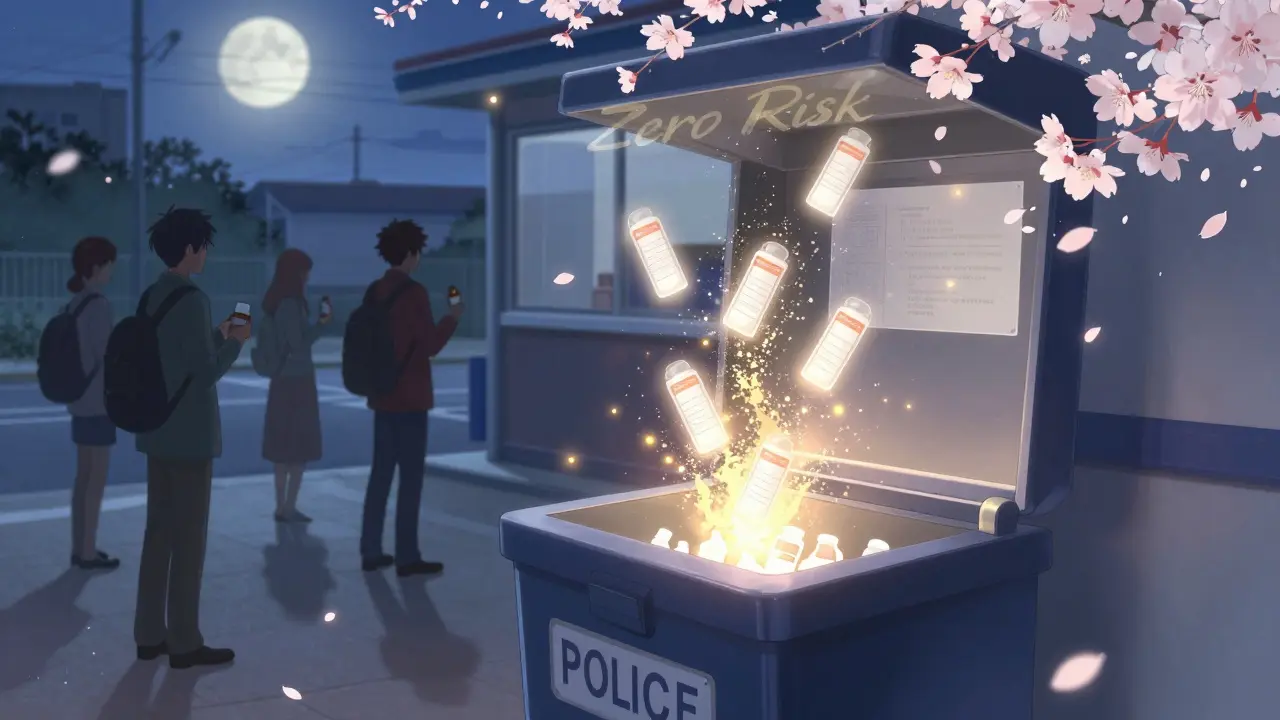 A glowing take-back bin dissolving prescription labels into golden dust at dusk.