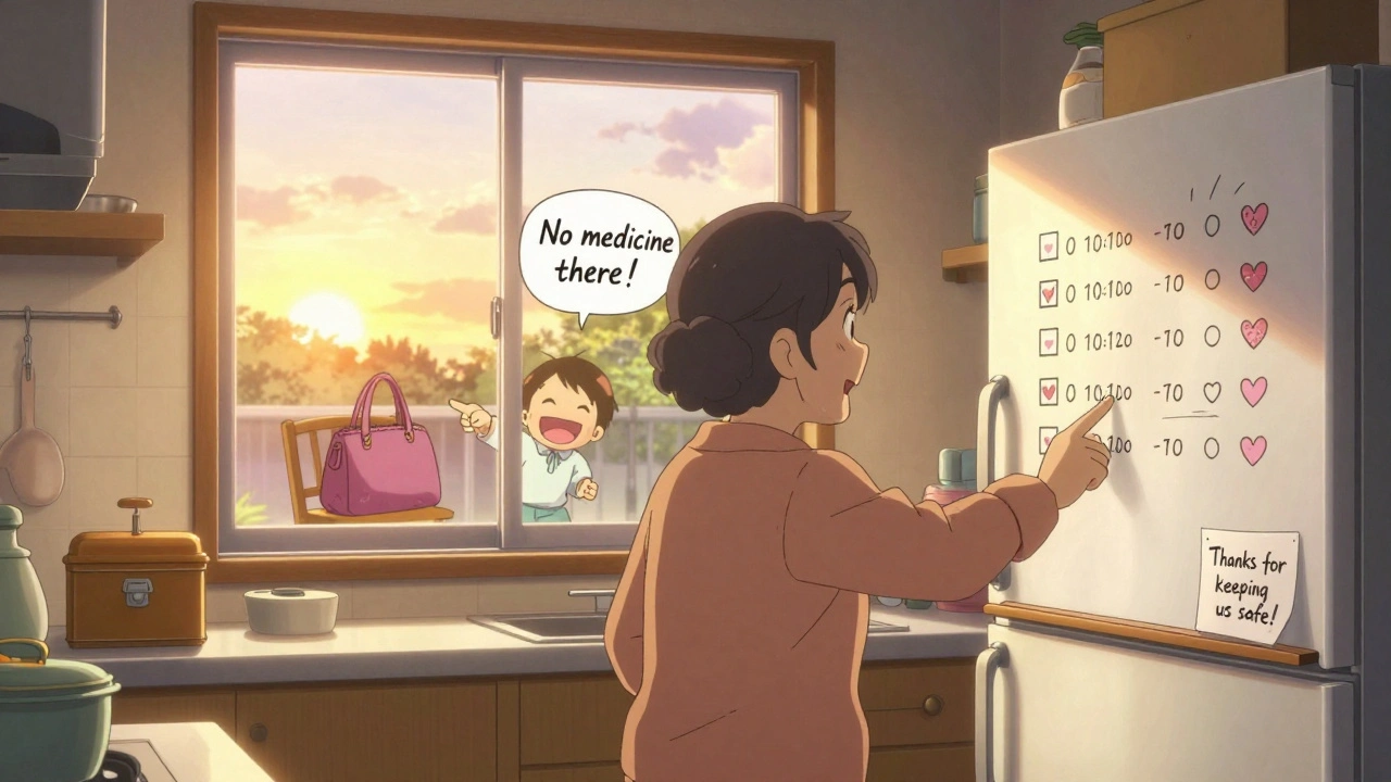 A grandparent’s kitchen with a medication checklist on the fridge and child pointing at a purse.