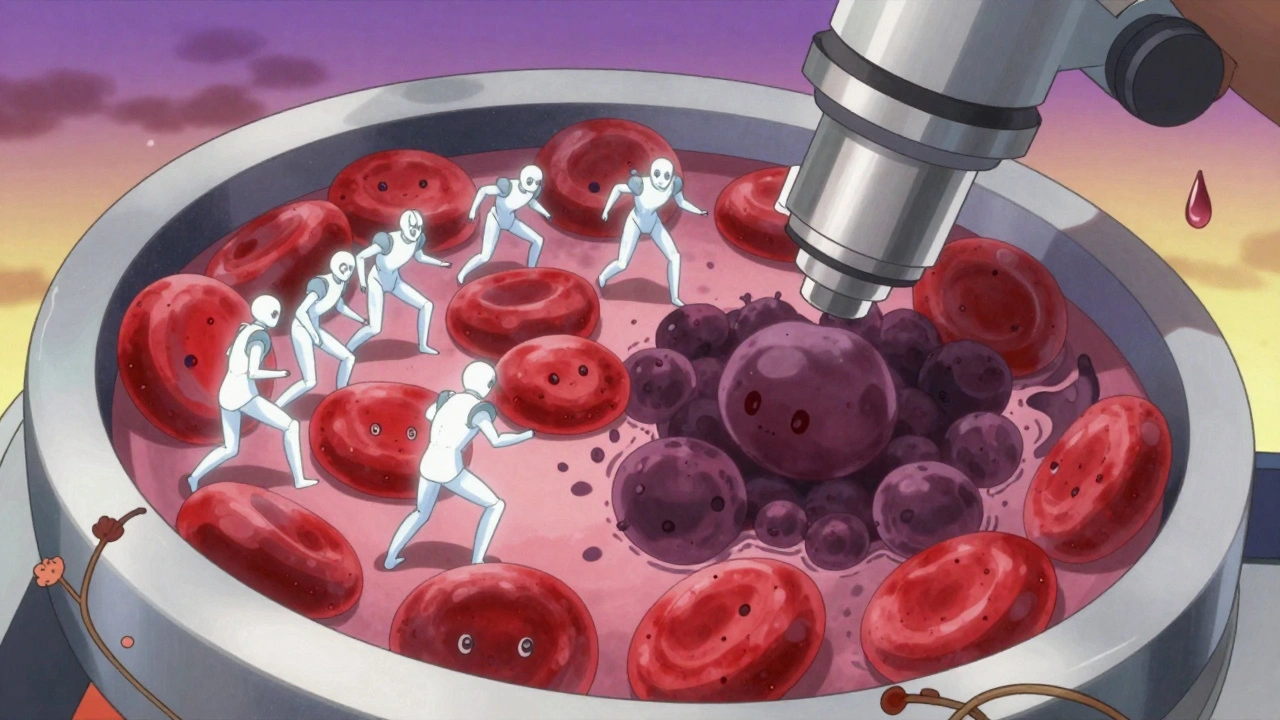 A microscopic battlefield where red blood cells are attacked by antibody warriors, with Heinz bodies forming like storm clouds.