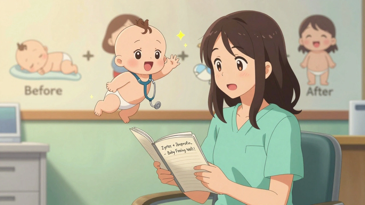 A mother and pediatrician review a med log as a happy baby floats above them.