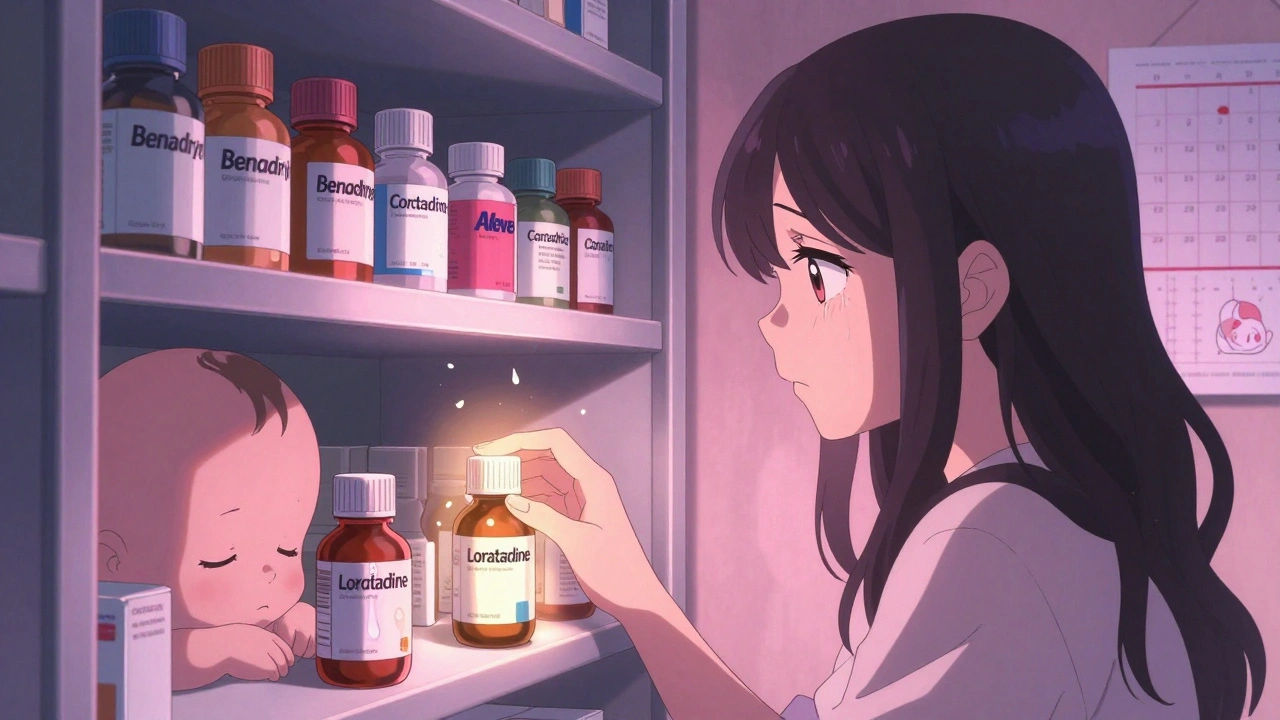 A mother hesitates before a medicine cabinet, ghostly baby figure beside unsafe pills.