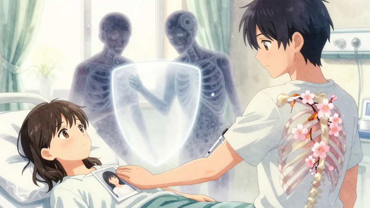 A patient receiving a denosumab injection as new bone grows like cherry blossoms along her ribs, with a photo of her granddaughter nearby.