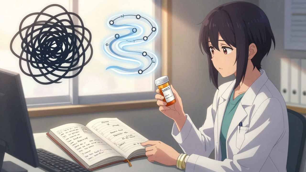 A person in a doctor’s office holding medication and a journal, with two contrasting paths symbolizing recovery.