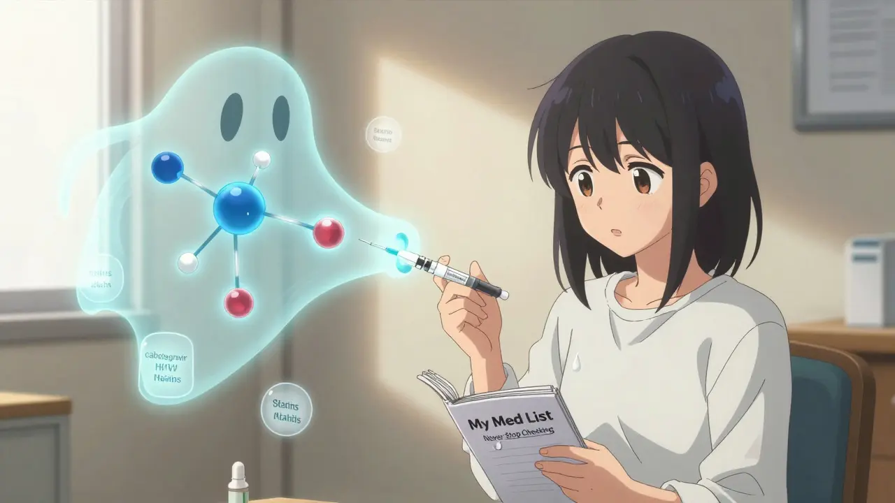 A person receiving an HIV injection surrounded by lingering drug molecules and warning icons.