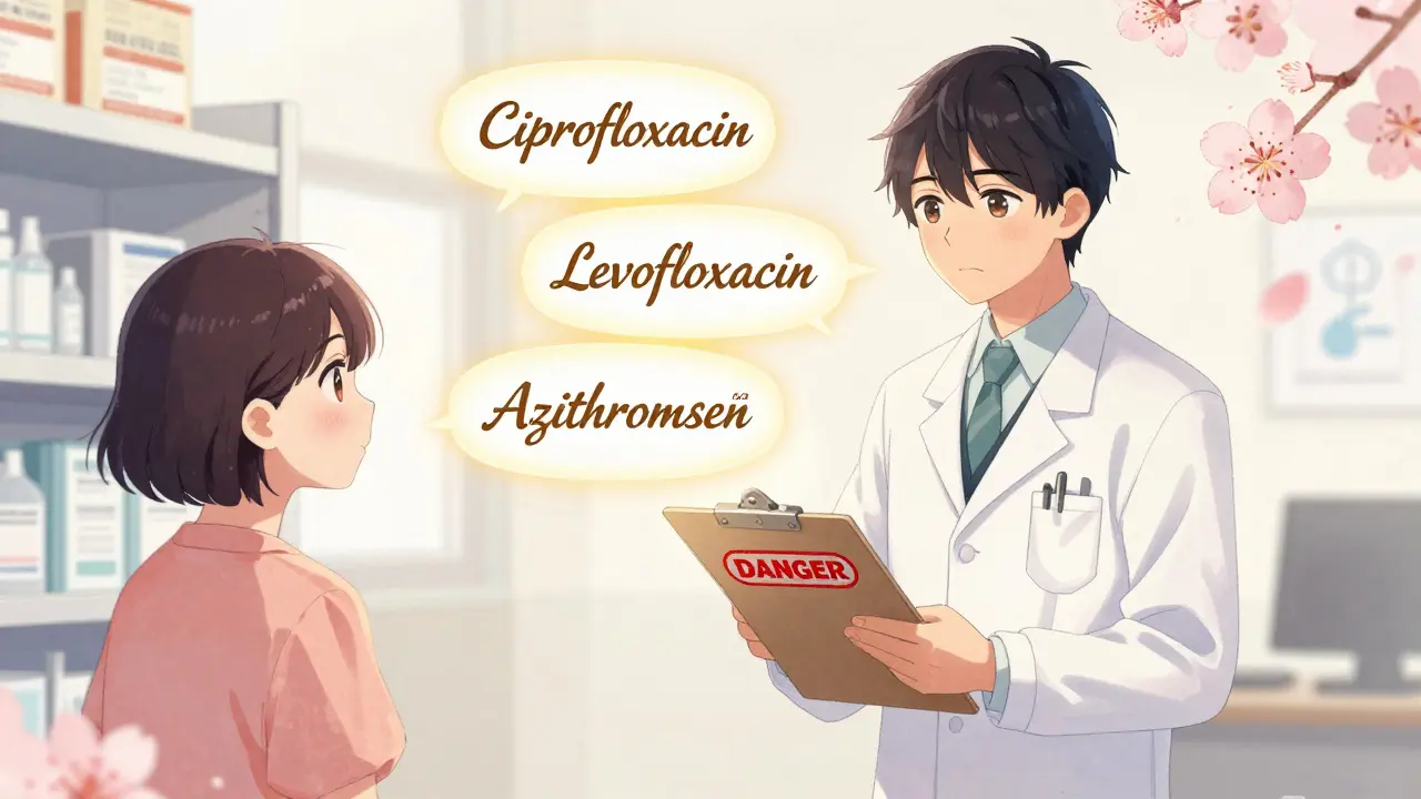 A pharmacist guides a patient away from dangerous antibiotics toward safer alternatives, glowing in warm light.