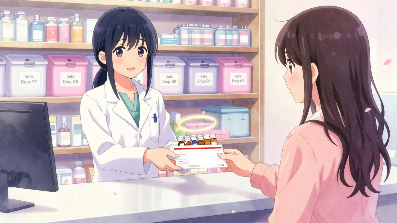 A pharmacist handing a customer a secure mail-back envelope for medication disposal.