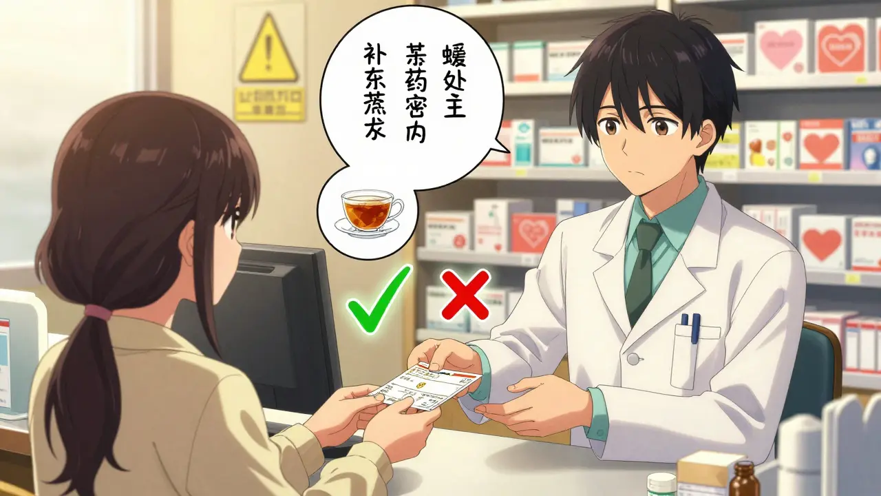 A pharmacist handing medicine to a patient, with magical checkmarks and Xs appearing around the bottles, revealing hidden supplements in thought bubbles.
