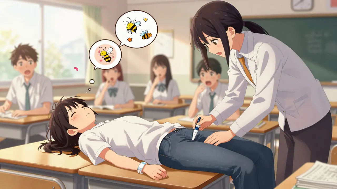 A student collapsing in class as a teacher gives an epinephrine injection to the thigh, medical bracelet visible, pollen and allergen icons swirling around.