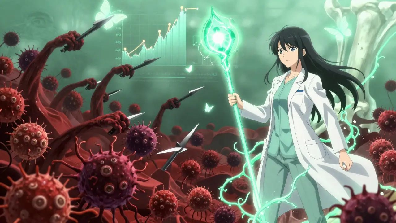 A surreal battle in bone marrow where a heroine uses a glowing staff to destroy cancer proteins and restore bone tissue with emerald light.