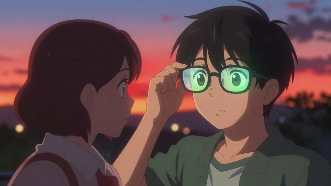 A teen sees a sunset come alive through EnChroma glasses, glowing reds and greens surrounding him.